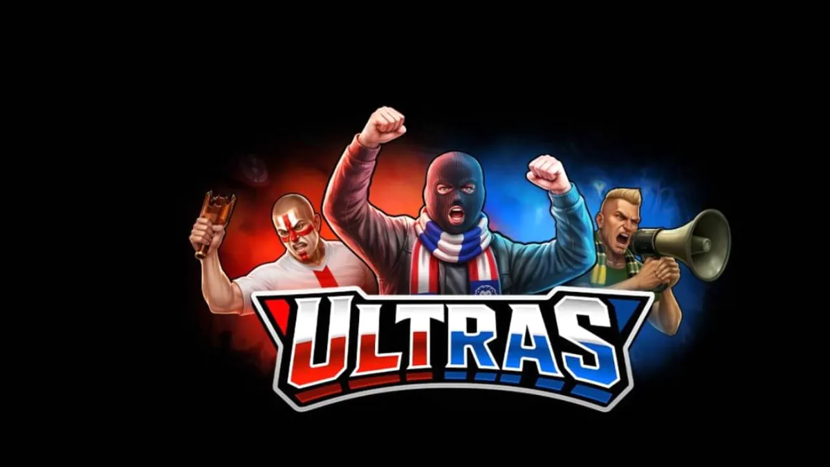 Tampilan visual slot Ultras dengan tema hooligan sepak bola dan suasana stadion yang intens.